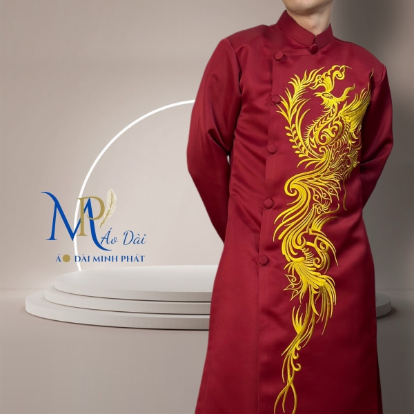 Áo Dài Cách Tân Nam Chất Liệu Taffta  Cao Cấp ( Dày, Mịn) Thêu Phụng MPT1024