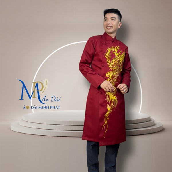 Áo Dài Cách Tân Nam Chất Liệu Taffta  Cao Cấp ( Dày, Mịn) Thêu Phụng MPT1024