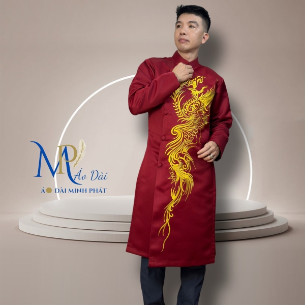 Áo Dài Cách Tân Nam Chất Liệu Taffta  Cao Cấp ( Dày, Mịn) Thêu Phụng MPT1024