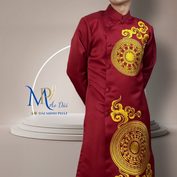 Áo Dài Cách Tân Nam Chất Liệu Taffta Cao Cấp ( Dày, Mịn) Thêu Trống Đồng MPT1025