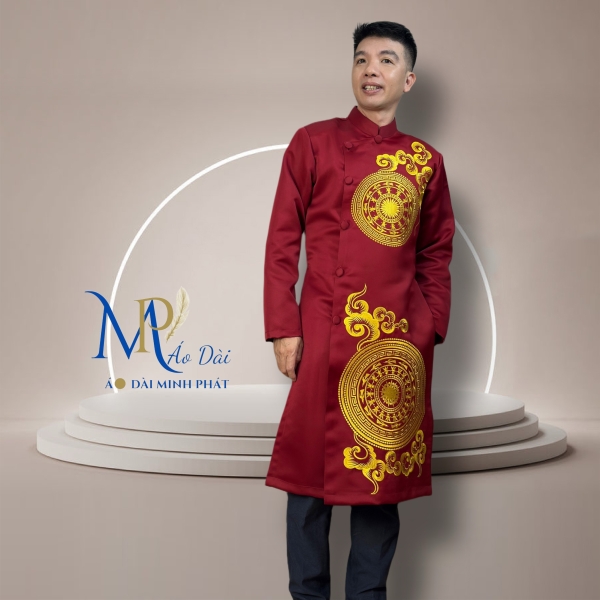 Áo Dài Cách Tân Nam Chất Liệu Taffta Cao Cấp ( Dày, Mịn) Thêu Trống Đồng MPT1025