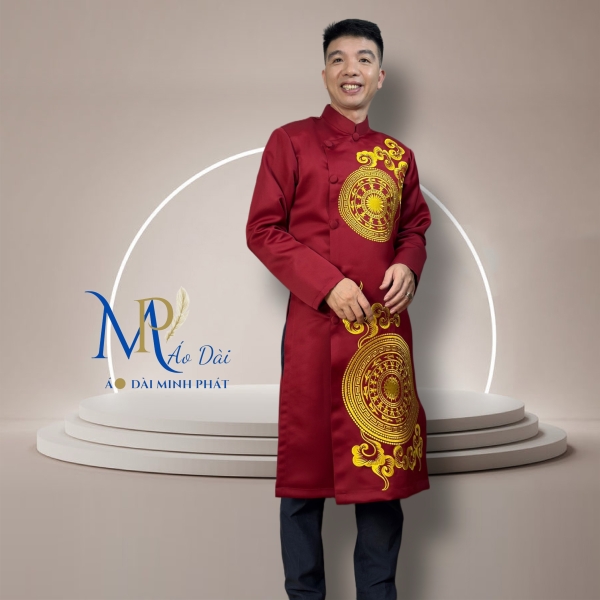 Áo Dài Cách Tân Nam Chất Liệu Taffta Cao Cấp ( Dày, Mịn) Thêu Trống Đồng MPT1025