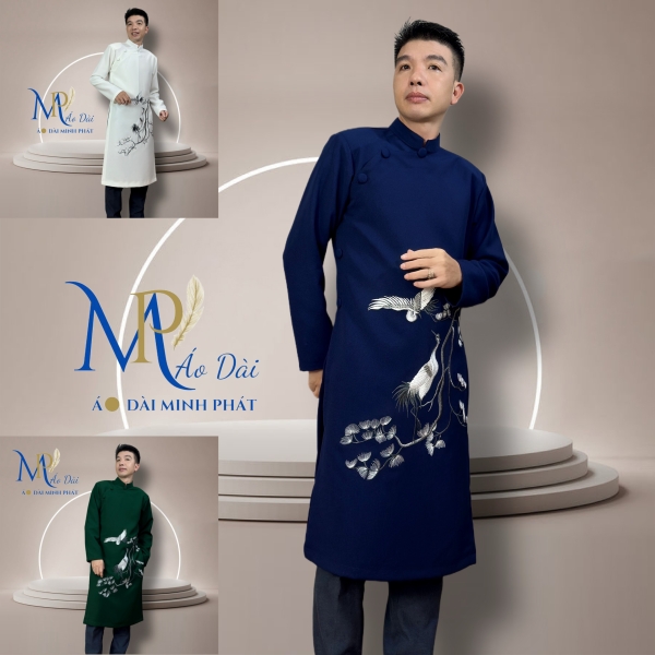 Áo Dài Cách Tân Nam Vải Tuyết Mưa Cao Câp Với Hoạ Tiết Thêu Song hạc, Đơn giản, Tinh Tế Sang Trọng MPT1027