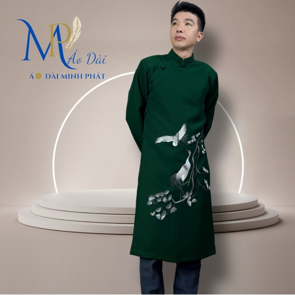 Áo Dài Cách Tân Nam Vải Tuyết Mưa Cao Câp Với Hoạ Tiết Thêu Song hạc, Đơn giản, Tinh Tế Sang Trọng MPT1027