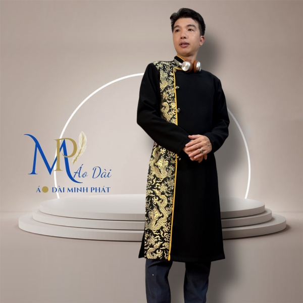 Áo Dài Cách Tân Nam Vải Tuyết Mưa Phối Gấm Rồng Vàng  MPP1003