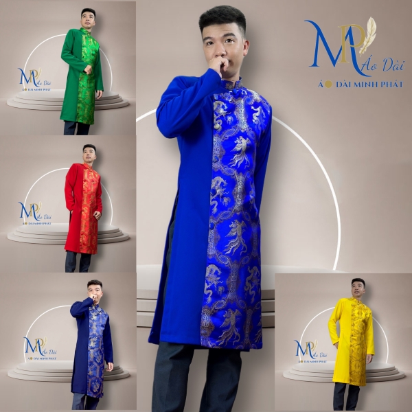 Áo Dài Cách Tân Nam Phối Vải Tuyết Mưa Với Gấm Hoạ Tiết Rồng Phụng MPP1001