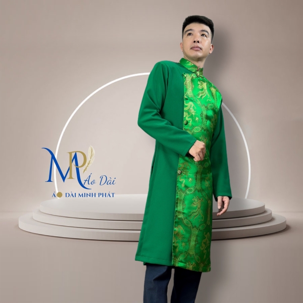 Áo Dài Cách Tân Nam Phối Vải Tuyết Mưa Với Gấm Hoạ Tiết Rồng Phụng MPP1001