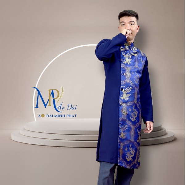 Áo Dài Cách Tân Nam Phối Vải Tuyết Mưa Với Gấm Hoạ Tiết Rồng Phụng MPP1001