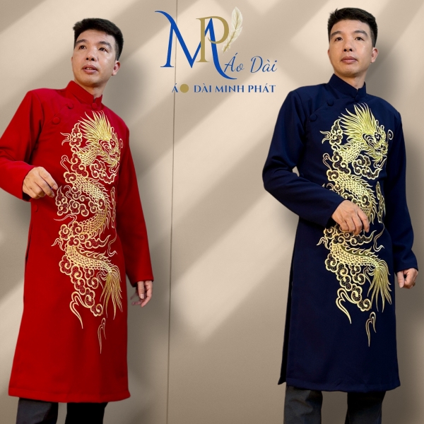 Áo Dài Cách Tân Nam Chất Liệu Taffta Kim Cương Thêu Rồng Vàng