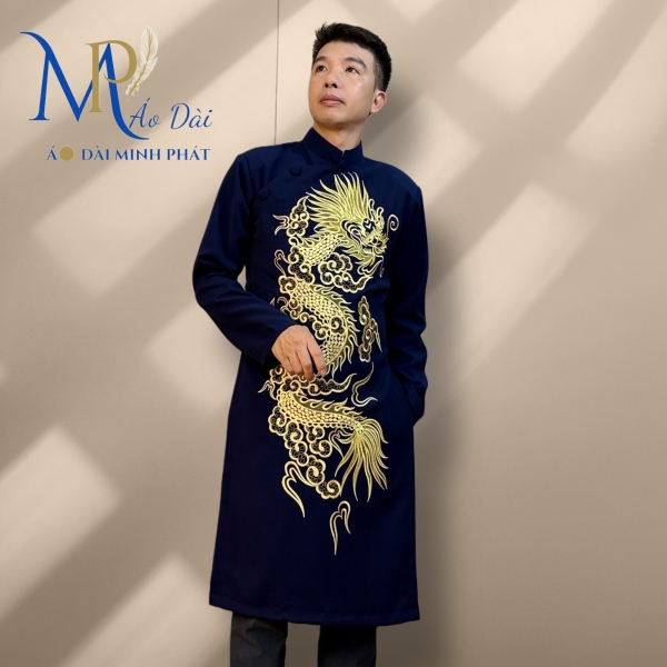 Áo Dài Cách Tân Nam Chất Liệu Taffta Kim Cương Thêu Rồng Vàng