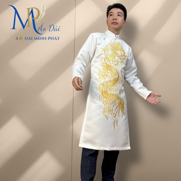Áo Dài Cách Tân Nam Chất Liệu Taffta Kim Cương Thêu Rồng Vàng