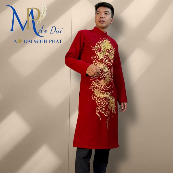 Áo Dài Cách Tân Nam Chất Liệu Taffta Kim Cương Thêu Rồng Vàng
