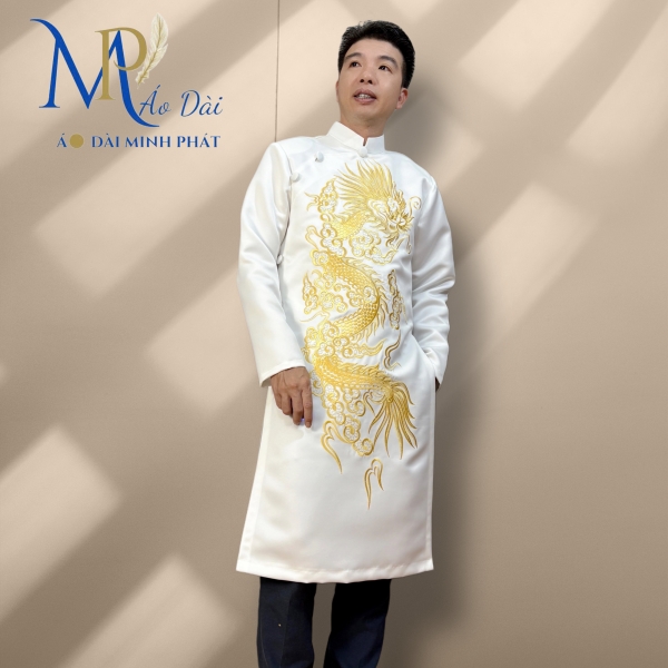 Áo Dài Cách Tân Nam Chất Liệu Taffta Mầu trắng Cao Cấp ( Dày, Mịn) Thêu Rồng Vàng MPT1023