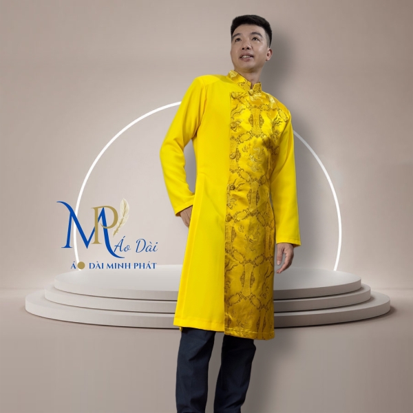 Áo Dài Cách Tân Nam Phối Vải Tuyết Mưa Với Gấm Hoạ Tiết Rồng Phụng MPP1001