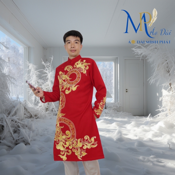 Áo Dài Cách Tân Nam Vải Tuyết Mưa Cao Cấp Thêu Hoa Văn