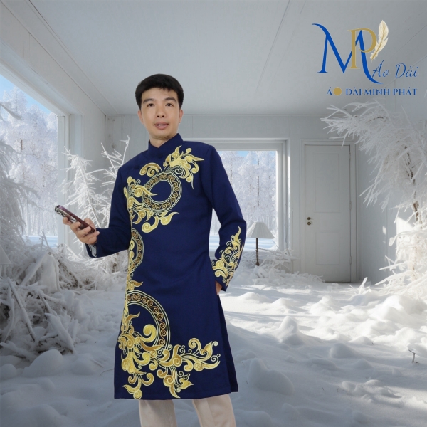 Áo Dài Cách Tân Nam Vải Tuyết Mưa Cao Cấp Thêu Hoa Văn