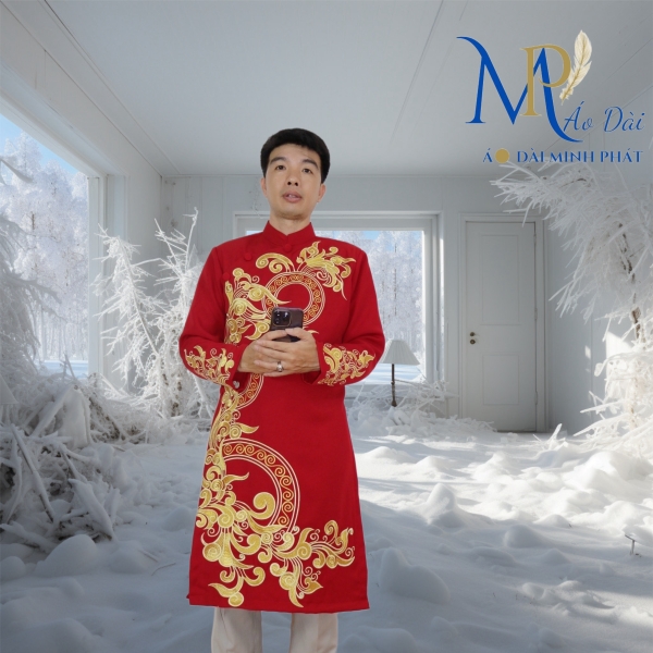 Áo Dài Cách Tân Nam Vải Tuyết Mưa Cao Cấp Thêu Hoa Văn