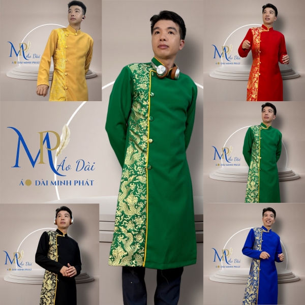 Áo Dài Cách Tân Nam Vải Tuyết Mưa Phối Gấm Rồng Vàng  MPP1003