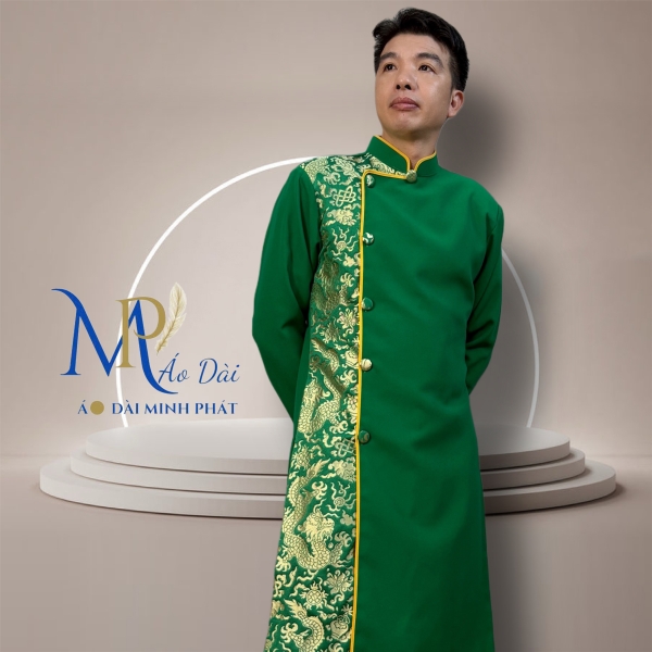 Áo Dài Cách Tân Nam Vải Tuyết Mưa Phối Gấm Rồng Vàng  MPP1003