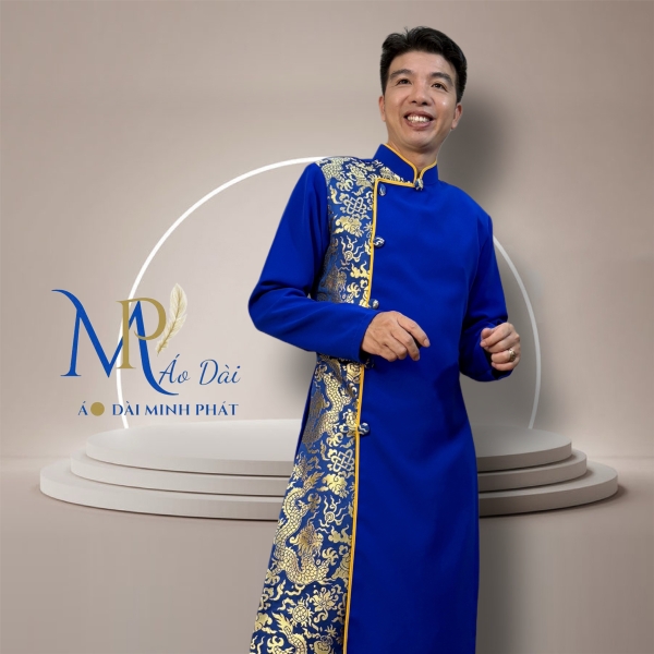 Áo Dài Cách Tân Nam Vải Tuyết Mưa Phối Gấm Rồng Vàng  MPP1003