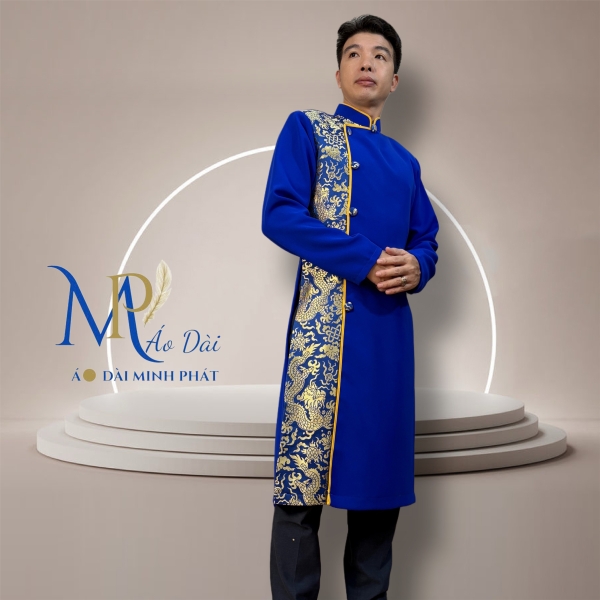 Áo Dài Cách Tân Nam Vải Tuyết Mưa Phối Gấm Rồng Vàng  MPP1003