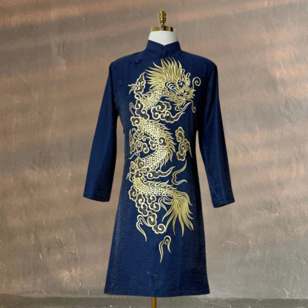 Áo Dài Cách Tân Nam Chất Liệu Taffta Kim Cương Thêu Rồng Vàng