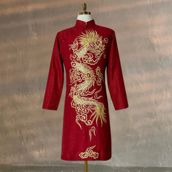 Áo Dài Cách Tân Nam Chất Liệu Taffta Kim Cương Thêu Rồng Vàng