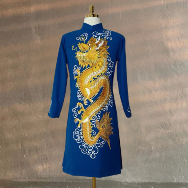 Áo Dài Cách Tân Nam Thêu Rồng Vàng Trên Chất Liệu Vải Tuyết Mưa