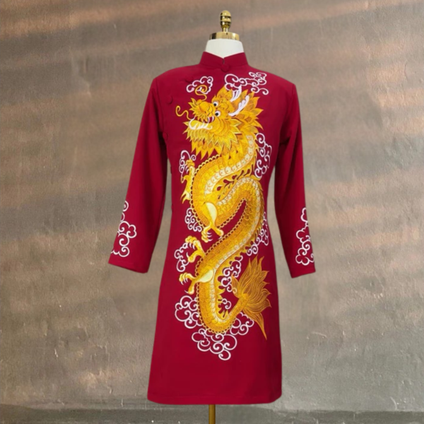 Áo Dài Cách Tân Nam Thêu Rồng Vàng Trên Chất Liệu Vải Tuyết Mưa