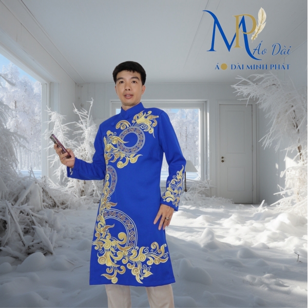 Áo Dài Cách Tân Nam Vải Tuyết Mưa Cao Cấp Thêu Hoa Văn