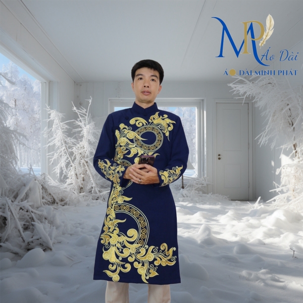 Áo Dài Cách Tân Nam Vải Tuyết Mưa Cao Cấp Thêu Hoa Văn