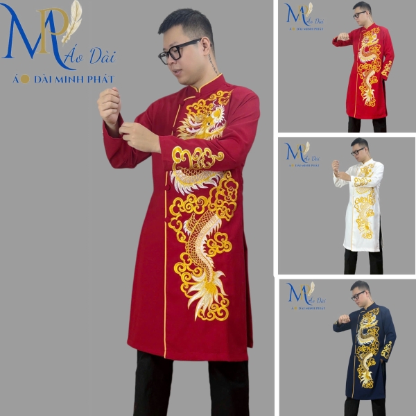 Áo dài nam cách tân Minh Phát vải Tuyết mưa cao cấp họa tiết thêu Rồng, mặc lế tết, sự kiện MPT1001