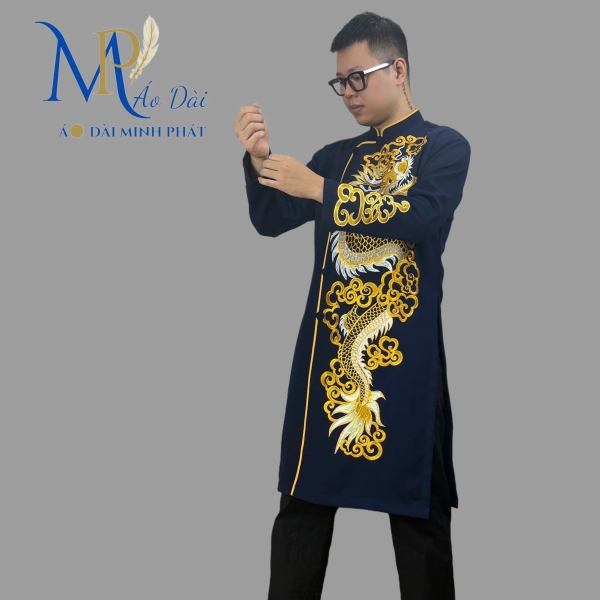 Áo dài nam cách tân Minh Phát vải Tuyết mưa cao cấp họa tiết thêu Rồng, mặc lế tết, sự kiện MPT1001