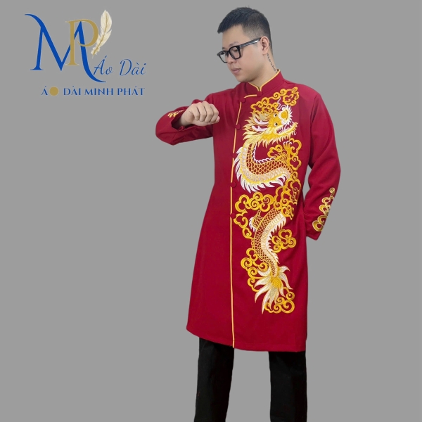 Áo dài nam cách tân Minh Phát vải Tuyết mưa cao cấp họa tiết thêu Rồng, mặc lế tết, sự kiện MPT1001