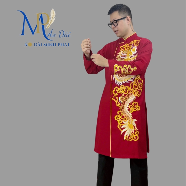 Áo dài nam cách tân Minh Phát vải Tuyết mưa cao cấp họa tiết thêu Rồng, mặc lế tết, sự kiện MPT1001