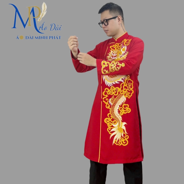 Áo dài nam cách tân Minh Phát vải Tuyết mưa cao cấp họa tiết thêu Rồng, mặc lế tết, sự kiện MPT1001