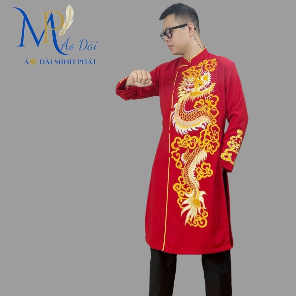 Áo dài nam cách tân Minh Phát vải Tuyết mưa cao cấp họa tiết thêu Rồng, mặc lế tết, sự kiện MPT1001