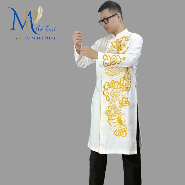 Áo dài nam cách tân Minh Phát vải Tuyết mưa cao cấp họa tiết thêu Rồng, mặc lế tết, sự kiện MPT1001