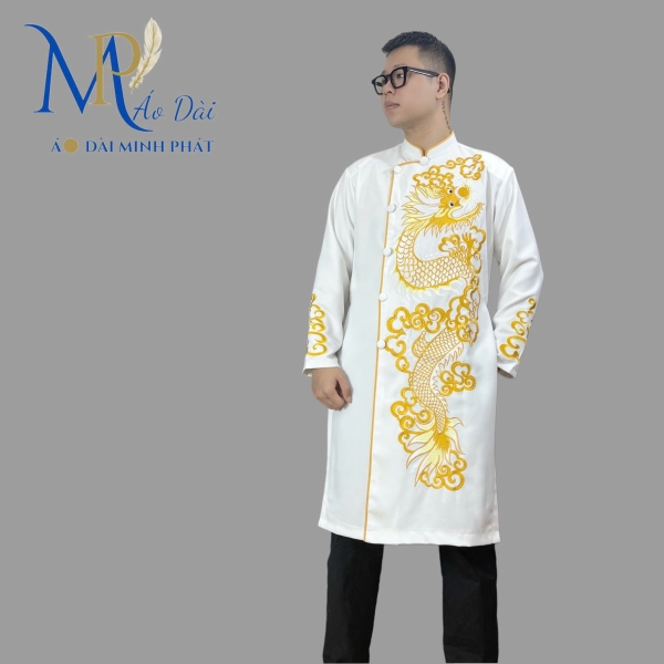 Áo dài nam cách tân Minh Phát vải Tuyết mưa cao cấp họa tiết thêu Rồng, mặc lế tết, sự kiện MPT1001
