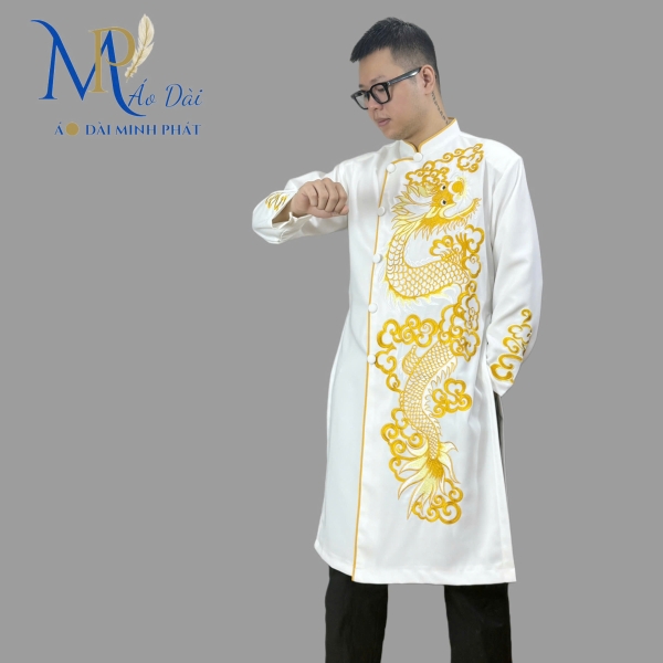 Áo dài nam cách tân Minh Phát vải Tuyết mưa cao cấp họa tiết thêu Rồng, mặc lế tết, sự kiện MPT1001