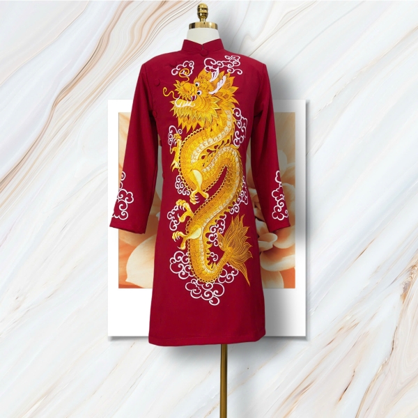 Áo Dài Cách Tân Nam Thêu Rồng Vàng Trên Chất Liệu Vải Tuyết Mưa