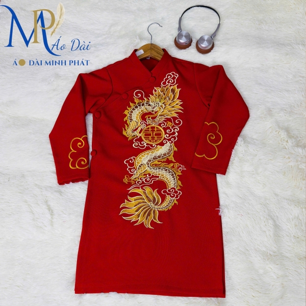 Áo Dài bé Trai Thêu Rồng trên nền màu xanh rêu Siêu Xinh cho tết 2026 MPT3003