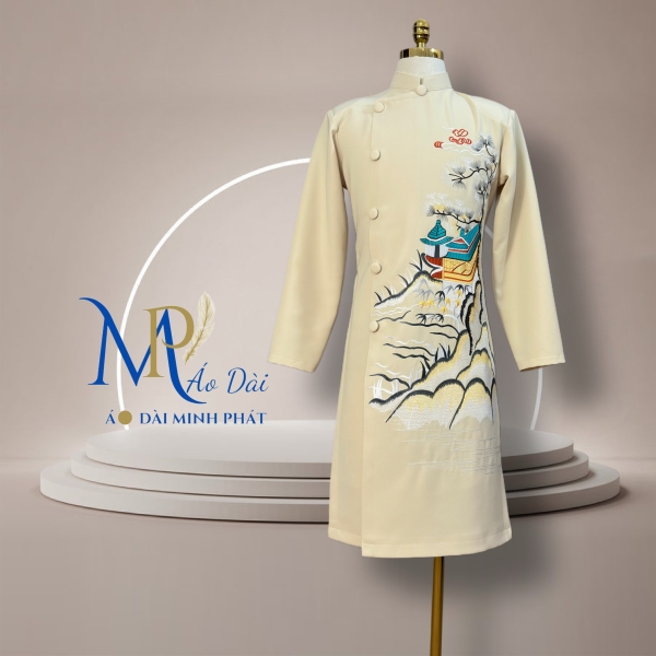 Áo Dài Cách Tân Nam Vải Tuyết Mưa Cao Câp Với Hoạ Tiết Thêu Gấu Trúc Đơn giản, Tinh Tế Sang Trọng MPT1026