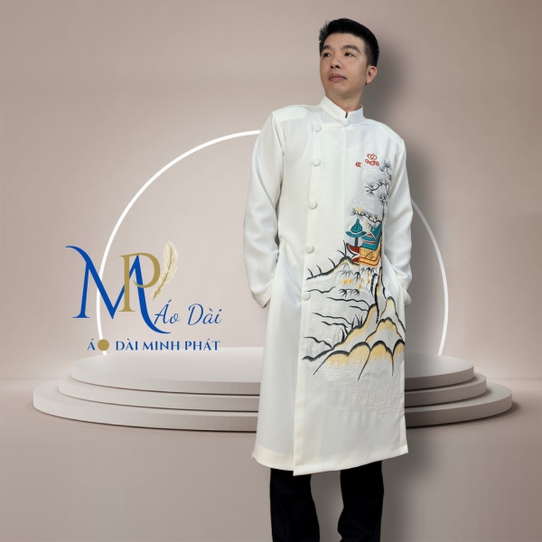 Áo Dài Cách Tân Nam Vải Tuyết Mưa Cao Câp Với Hoạ Tiết Thêu Gấu Trúc Đơn giản, Tinh Tế Sang Trọng MPT1026