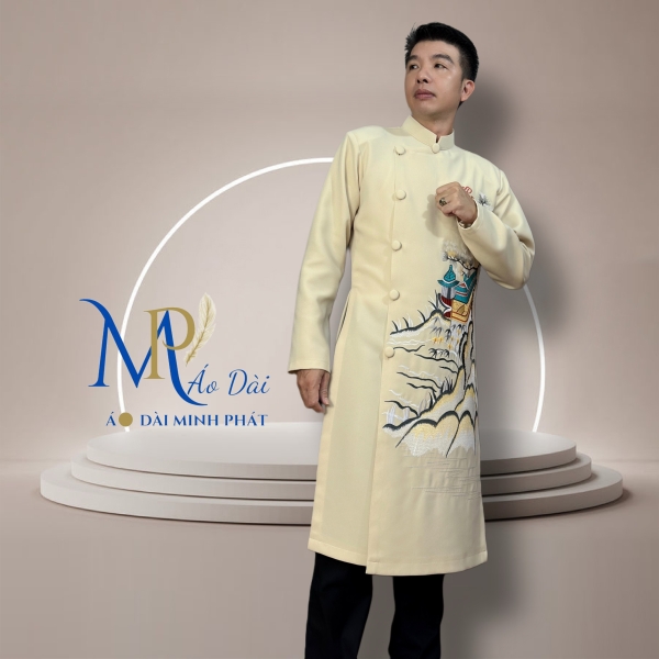 Áo Dài Cách Tân Nam Vải Tuyết Mưa Cao Câp Với Hoạ Tiết Thêu Gấu Trúc Đơn giản, Tinh Tế Sang Trọng MPT1026