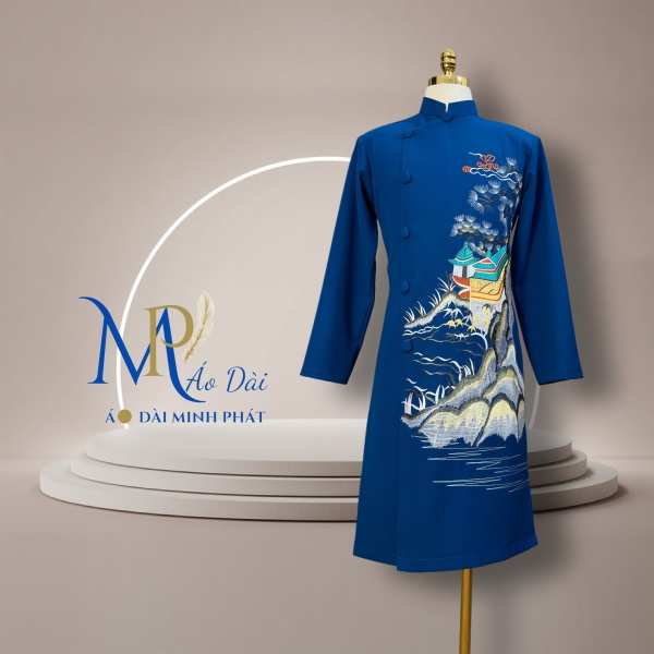 Áo Dài Cách Tân Nam Vải Tuyết Mưa Cao Câp Với Hoạ Tiết Thêu Gấu Trúc Đơn giản, Tinh Tế Sang Trọng MPT1026