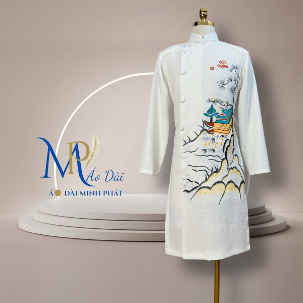 Áo Dài Cách Tân Nam Vải Tuyết Mưa Cao Câp Với Hoạ Tiết Thêu Gấu Trúc Đơn giản, Tinh Tế Sang Trọng MPT1026