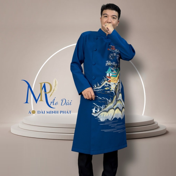 Áo Dài Cách Tân Nam Vải Tuyết Mưa Cao Câp Với Hoạ Tiết Thêu Gấu Trúc Đơn giản, Tinh Tế Sang Trọng MPT1026