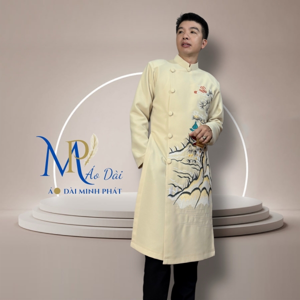 Áo Dài Cách Tân Nam Vải Tuyết Mưa Cao Câp Với Hoạ Tiết Thêu Gấu Trúc Đơn giản, Tinh Tế Sang Trọng MPT1026
