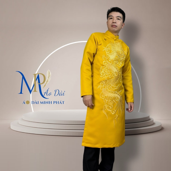 Áo Dài Cách Tân Nam Chất Liệu Taffta Mầu trắng Cao Cấp ( Dày, Mịn) Thêu Rồng Vàng MPT1023